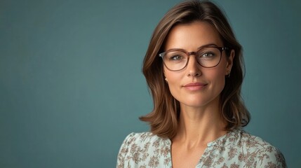 A headshot of a female manager with glasses and a stylish blouse, her expression serious yet approachable, with a muted blue background