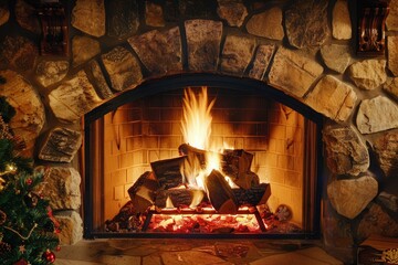 Poster - The fireplace radiates warmth and light, creating a cozy atmosphere ideal for comfort and relaxation during a chilly evening. Generative AI
