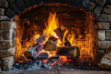 Poster - A roaring fireplace emits warmth and light, creating a comforting atmosphere perfect for winter relaxation and gathering with loved ones. Generative AI