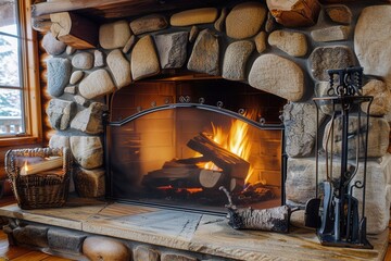 Poster - A roaring fireplace emits warmth, surrounded by natural stone, creating a welcoming atmosphere perfect for relaxing on a cold night. Generative AI