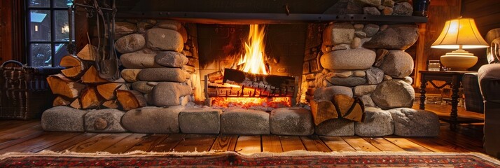 Poster - The room glows with warmth from the roaring fireplace, creating a tranquil atmosphere ideal for relaxation on a chilly evening. Generative AI