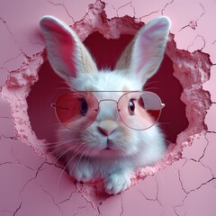 Poster - Cute Bunny with Sunglasses Peeking Through a Pink Wall