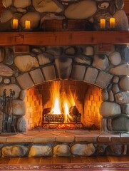 Poster - A roaring fireplace surrounded by stones provides warmth and comfort, creating a cozy atmosphere perfect for a winter gathering. Generative AI