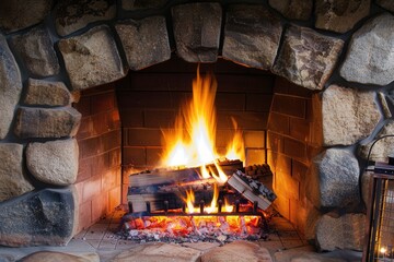 Poster - A warm fire crackles in a stone fireplace, providing comfort and a cozy atmosphere on a cold winter evening. Generative AI