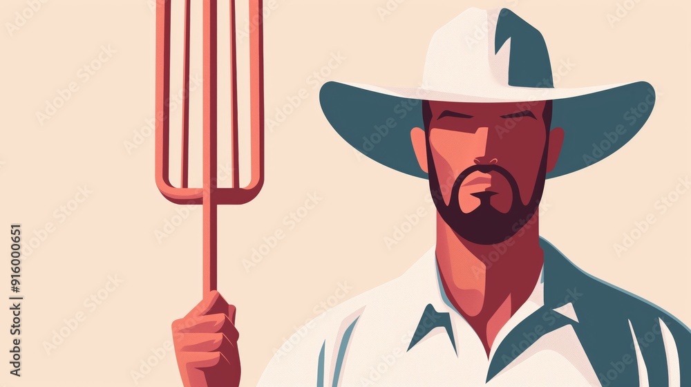 2D illustration of a farmer holding a pitchfork with basic shapes on a ...