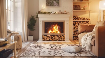 Poster - Cozy living room with decorative fireplace and stacked firewood.