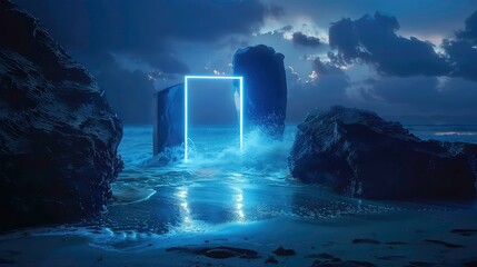 Wall Mural - a glowing neon rectangle stands in the middle of a beach, surrounded by rocks and the ocean. the sky