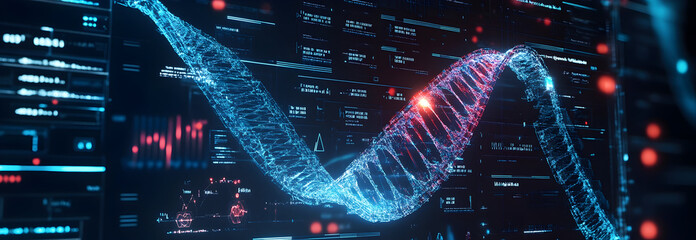 Wall Mural - DNA medical screen hologram science hud data analysis body research background futuristic. Screen DNA infographic medical scan health digital 3d technology medicine human tech ui graph interface lab