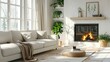 © Lasvu - Bright living room interior with fireplace, couch, and plants