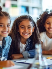 joyful candid diverse female school pupils studying science in the classroom. education back to scho