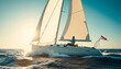 © abu - A sailboat races across the open sea in bright sunlight, with a competitive sailor adjusting the sails to harness the wind, as waves churn beneath and the wind whips through the sails.