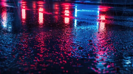 Wall Mural - Abstract dark scene with neon lights and reflections in wet asphalt.