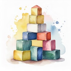 Wall Mural - Stack of isolated colorful building blocks watercolor