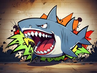 Poster - A cartoon shark with a mouth wide open and teeth bared