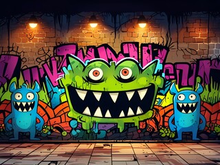 Wall Mural - A wall with three monsters on it