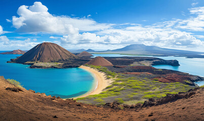 A stunning view of a coastal landscape featuring a sandy beach, volcanic hills, lush greenery, and crystal-clear blue waters beneath a partly cloudy sky.