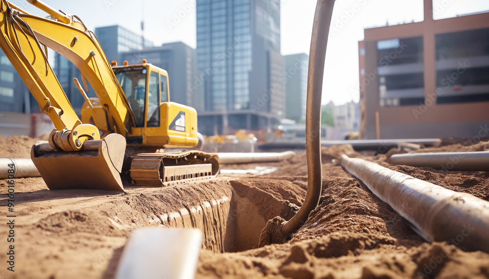 excavator at work Engineers installing fiber optic cables underground ...