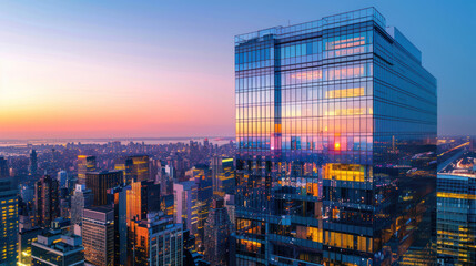 Modern skyscraper reflecting city lights at dusk, with a clear sky in the background