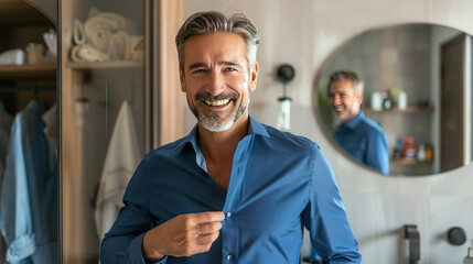 Wall Mural - Middle-aged businessman smiling as he buttons his blue shirt, standing in the bathroom, getting ready for work