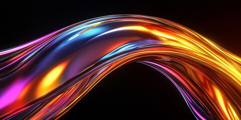 Wall Mural - Abstract, shiny, iridescent, wavy, curved, glowing, lines, in a vibrant, bright, orange, yellow, blue, pink, purple, and red color palette against a dark, black background.