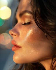 Wall Mural - Close-up of a Woman's Face with Shimmering Gold Makeup and Bokeh Lights