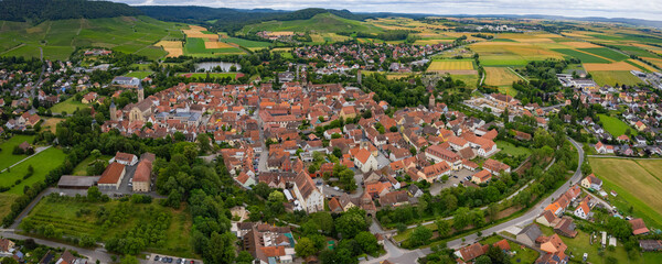 Aerial view around the old town of the city Iphofen on a sunny day in Germany.	
