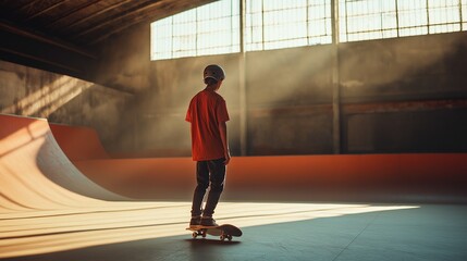 Wall Mural - Handsome guy with a skateboard at a skate park.