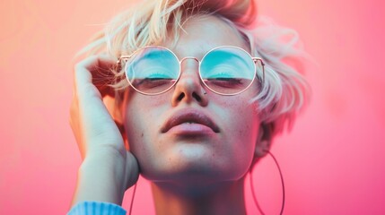 Stylish portrait of a woman in sunglasses with pink background