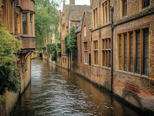 Wall Mural - A canal runs through a town with houses on both sides. The water is calm and the houses are old