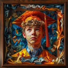 Poster - A young graduate in a cap and gown looks hopeful toward the future. AI.