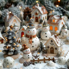 Wall Mural - A snowy village scene with snowmen and twinkling lights. AI.