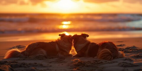 Poster - Two dogs cuddle on a sandy beach at sunset. AI.