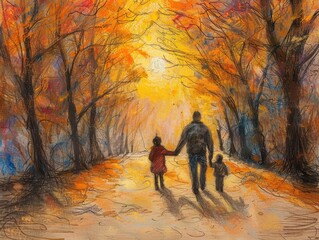 Poster - A family walks through an autumn forest. AI.