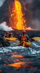 Poster - Kayaking past a fiery waterfall. AI.