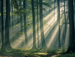 Canvas Print - The sun is shining through the trees, casting a warm glow on the forest floor. The light is filtering through the leaves, creating a peaceful and serene atmosphere. The trees are tall and green