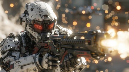 Wall Mural - A futuristic soldier in armor fires a weapon. AI.