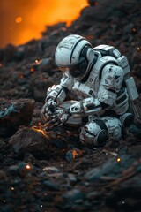 Sticker - A futuristic astronaut examines the terrain of a desolate planet. AI.