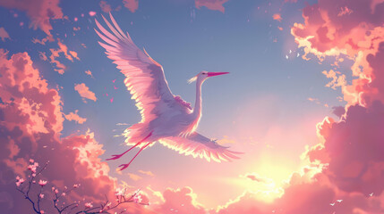 Wall Mural - A bird flies through a colorful sky. AI.