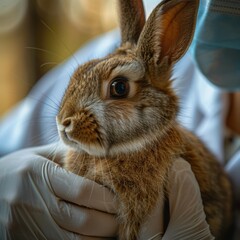 Canvas Print - A rabbit being held by a gloved hand. AI.