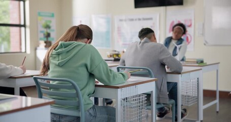 Poster - High school, teacher and students in exam for learning, thinking and education for project. Reading, writing and young people studying for test in classroom with knowledge, information and attention.