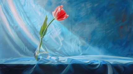 Poster - Single tulip in vase on blue cloth