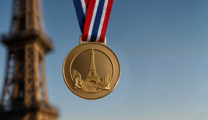 olympic gold medal with a backdrop of the eiffel tower in paris