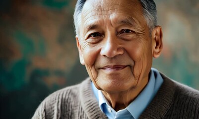 Wall Mural - medium shot portrait of a confident Japanese man in his 80s wearing a cozy sweater against an abstract background