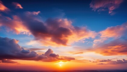 Poster - colorful clouds sky in the evening with red orange sunshine and blue sky horizon background