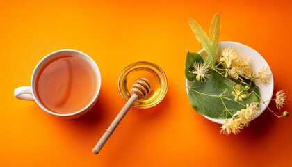 Sticker - cup of linden tea and bowl with honey on orange background