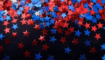 Poster - scattered red and blue stars falling over black background for usa celebrations like 4th of july memorial day veteran s day or other patriotic us american holidays