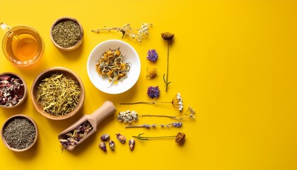 Sticker - dry medicinal herbs for alternative medicine and tea on yellow background flat lay