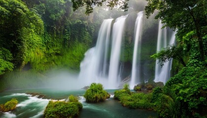 Poster - majestic waterfalls flowing through lush greenery in a stunning natural landscape waterfall majestic cascading lush