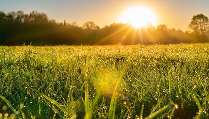 Sticker - morning dew on meadow picturesque scene unfolds in early hours of day sun casts golden glow over lush green meadow nature awakens and grass sparkles with morning dew glistening