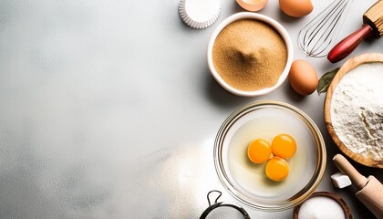 baking background ingredients flour sugar eggs and others at light stone table top view with copy space